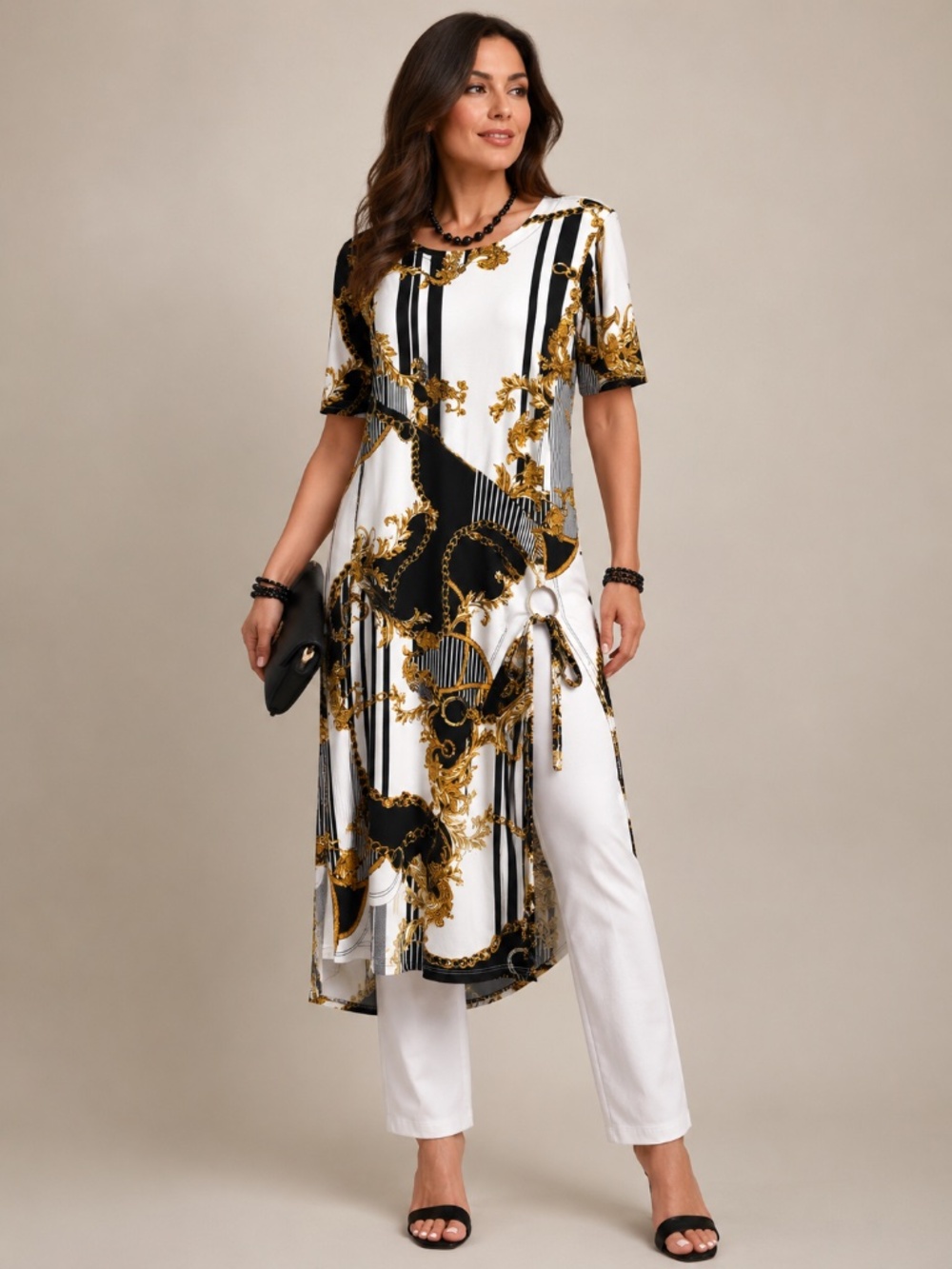 NWT Maralis - Baroque Chain Print High-Slit Tunic Top - SM